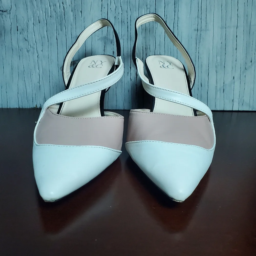New York & Company Mika Pointed Toe Slingback Heels, 10, Black/Ivory/Blush
